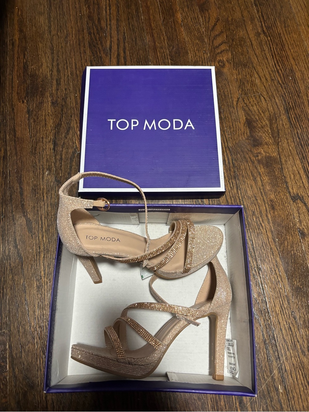 Top Moda, NWT Rose Gold Glitter Strappy High Heel Sandals, Size 7